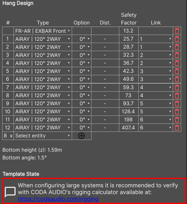 Picture of the "When configuring large systems it is recommended to verify with CODA AUDIO's rigging calculator available at: \https://codaaudio.com/rigging" message